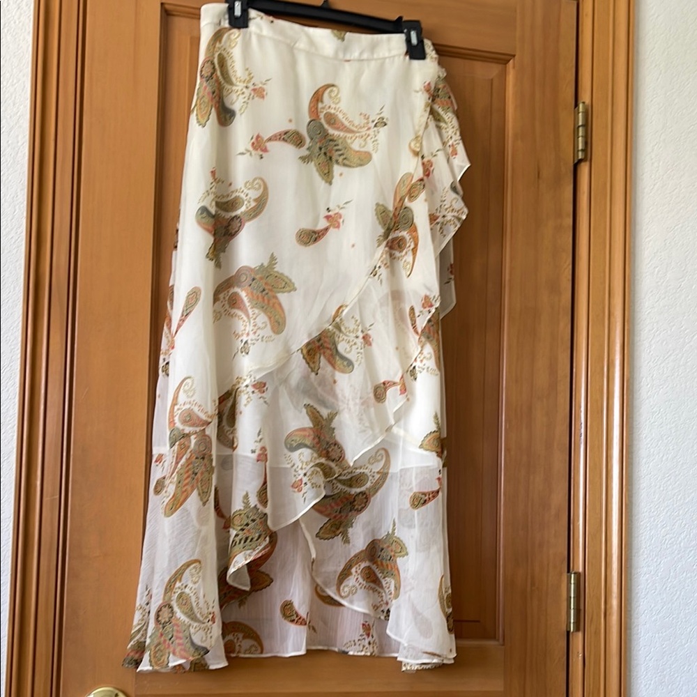 Vince Camuto Cream and Brown Asymmetrical Wrap Skirt